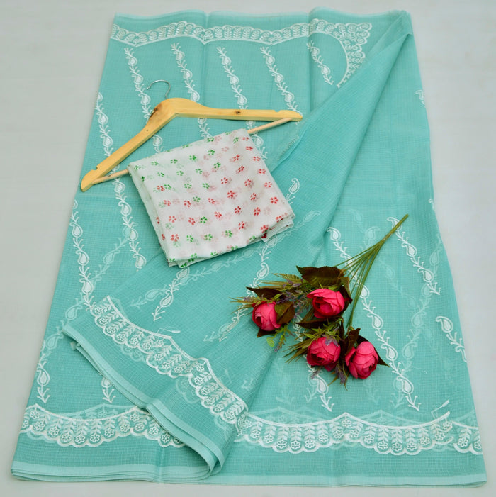 Embroidered Work Kota Saree - Sea Blue Color