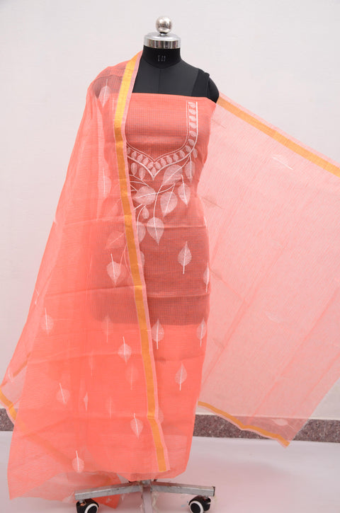 Embroidered Work Kota Cotton Dress Material - Red Color