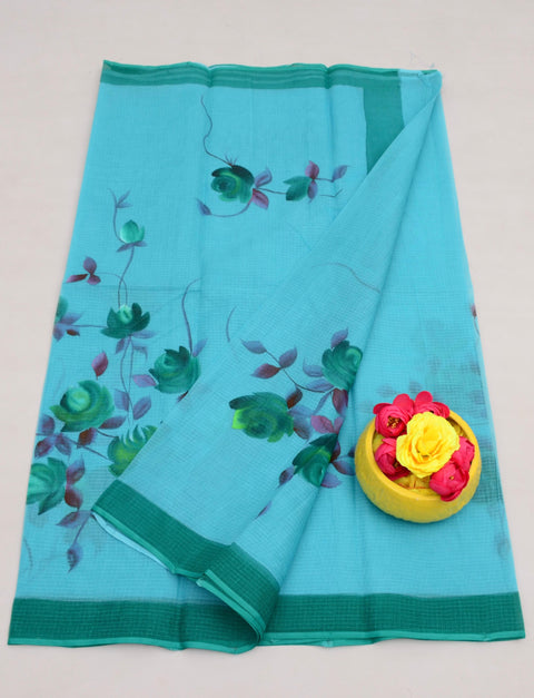 Hand Painted Pure Cotton Kota Saree -  Sea Blue Color
