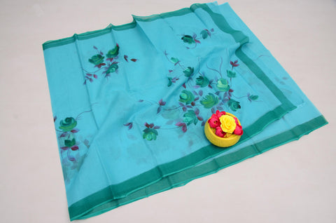Hand Painted Pure Cotton Kota Saree -  Sea Blue Color