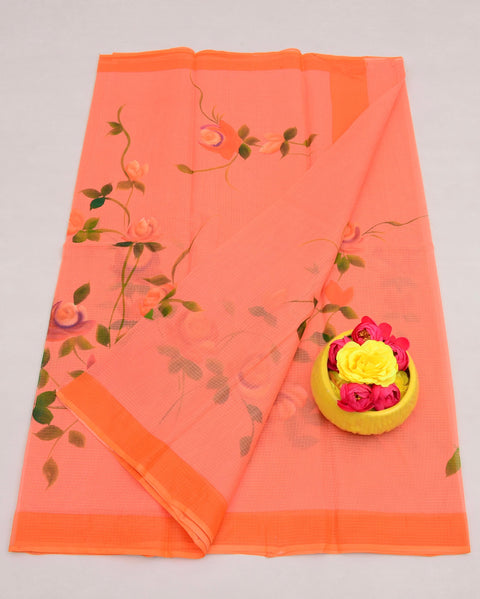 Hand Painted Pure Cotton Kota Saree -  Peach Color