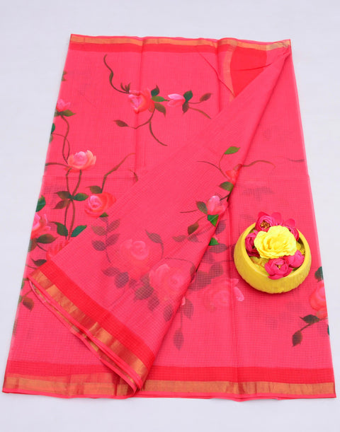 Hand Painted Pure Cotton Kota Saree -  Pink Color