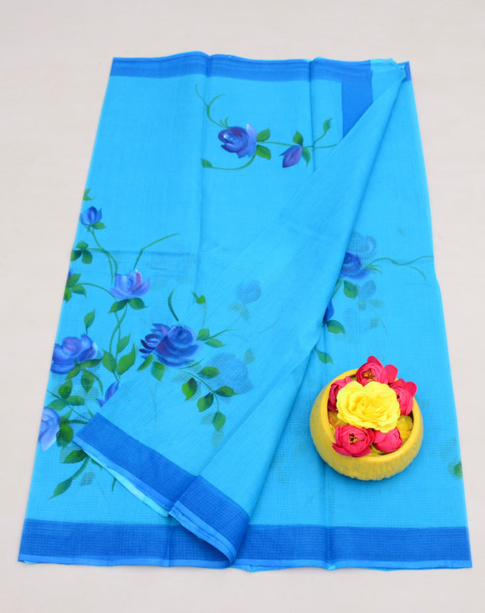 Hand Painted Pure Cotton Kota Saree -  Blue Color