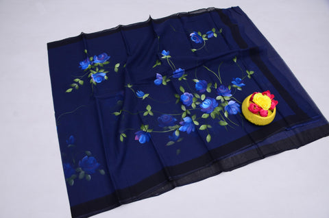 Hand Painted Pure Cotton Kota Saree -  Navy Blue Color
