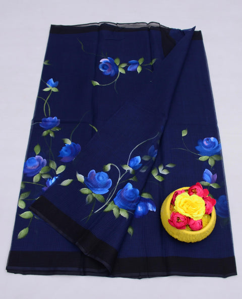 Hand Painted Pure Cotton Kota Saree -  Navy Blue Color