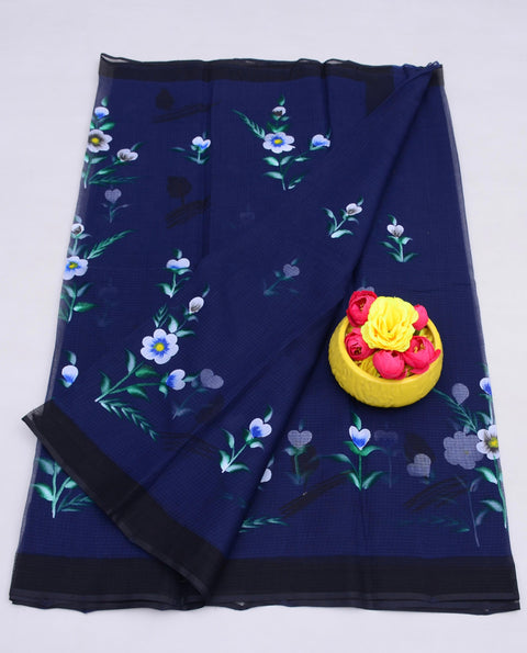 Pure Cotton Kota Hand Painted Saree -  Navy Blue Color