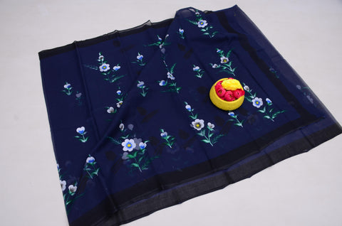 Pure Cotton Kota Hand Painted Saree -  Navy Blue Color