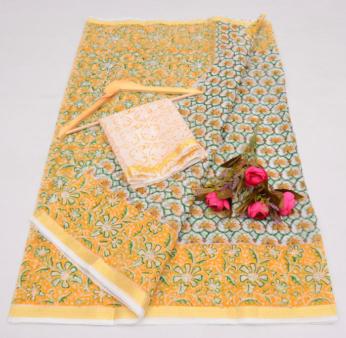 Kota Cotton Mix Block Printed Saree - Yellow Color