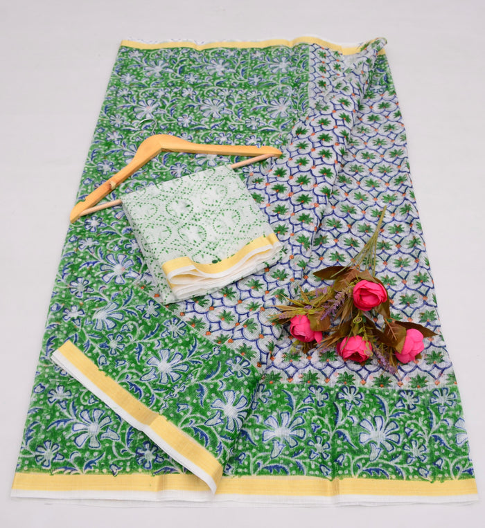 Kota Cotton Mix Block Printed Saree - Green Color