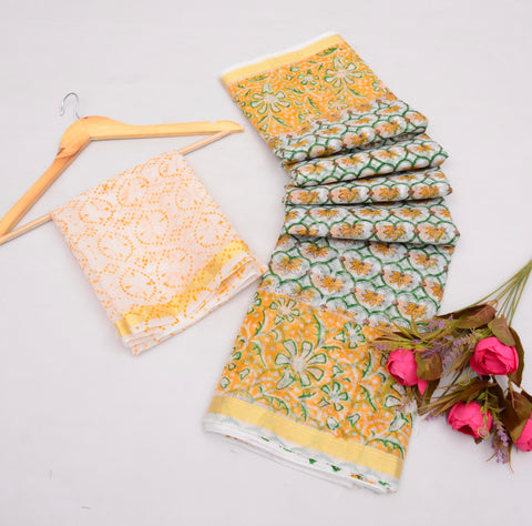 Pure Cotton Kota Saree With Block Printed Design  - Yellow Color