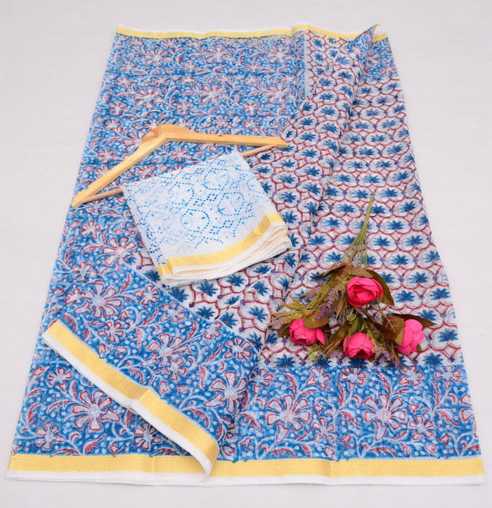 Kota Cotton Mix Block Printed Saree - Blue Color