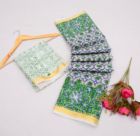 Pure Cotton Kota Saree With Block Printed Design  - Green Color