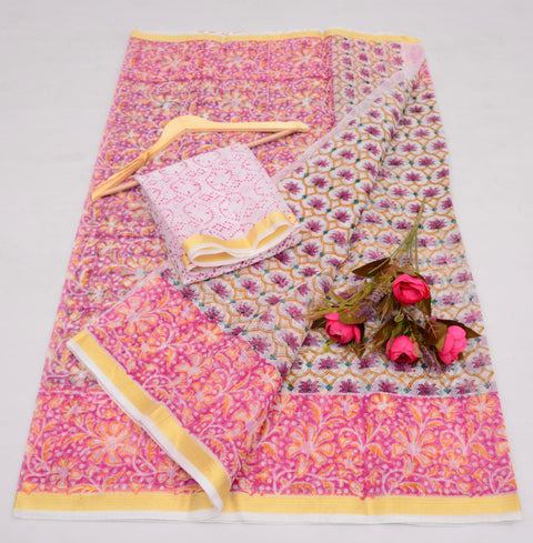 Pure Cotton Kota Saree With Block Printed Design - Pink Color