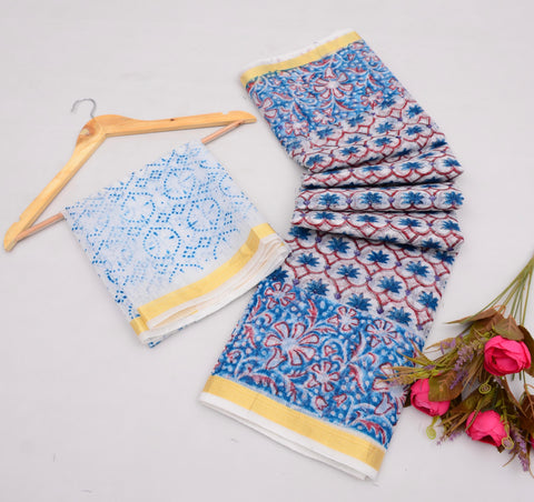 Pure Cotton Kota Saree With Block Printed Design  - Blue Color