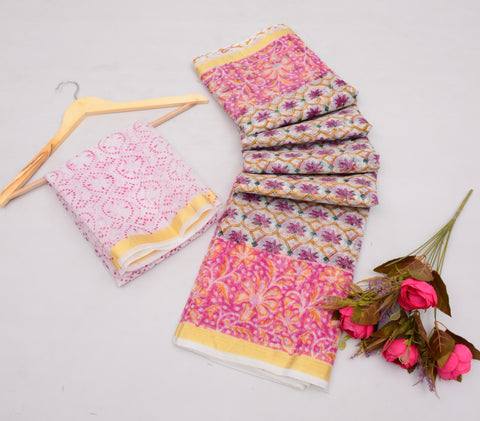 Pure Cotton Kota Saree With Block Printed Design - Pink Color