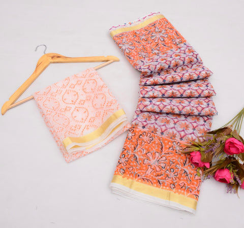 Kota Cotton Mix Block Printed Saree - Peach Color
