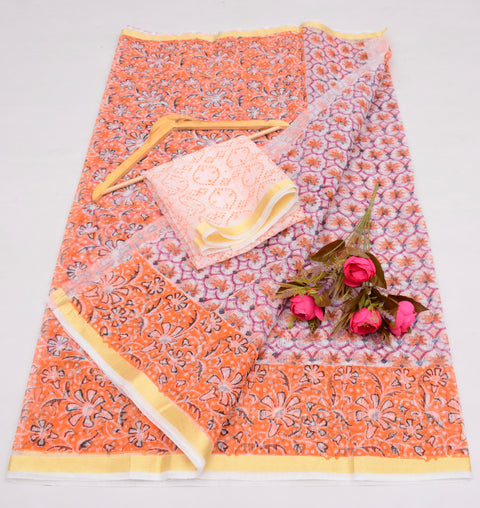 Pure Cotton Kota Saree With Block Printed Design  - Peach Color