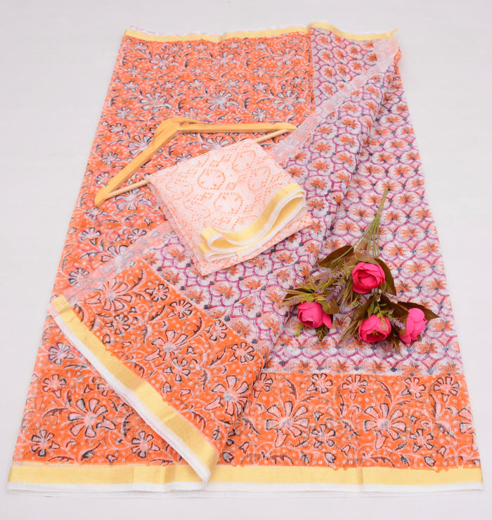 Kota Cotton Mix Block Printed Saree - Peach Color