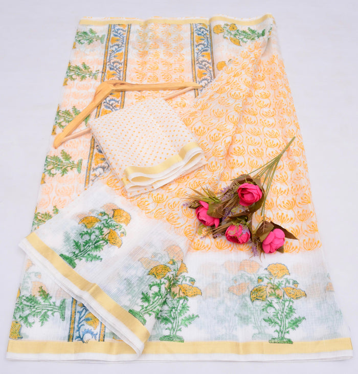 Block Printed Pure Cotton Kota Saree - White & Orange Combination