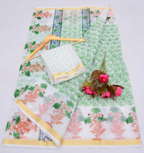 Block Printed Kota Cotton Mix Saree - White & Green Combination