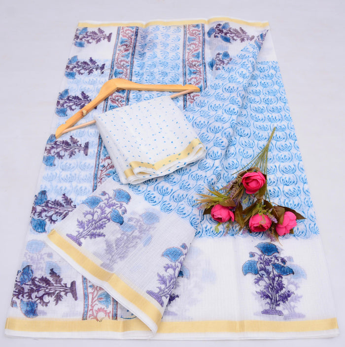 Block Printed Kota Cotton Mix Saree - White & Blue Combination