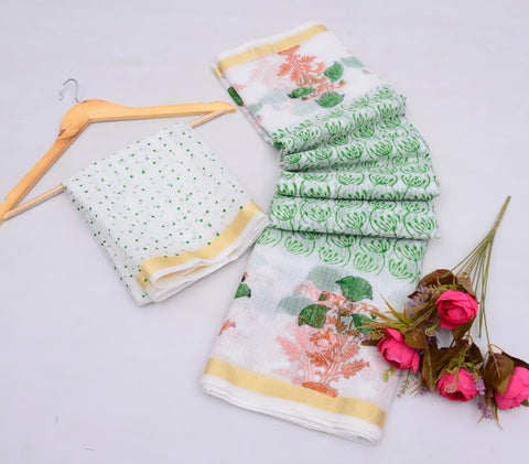 Block Printed Pure Cotton Kota Saree - White & Green Combination