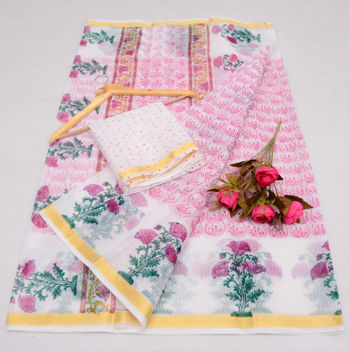 Block Printed Kota Cotton Mix Saree - White & Pink Combination