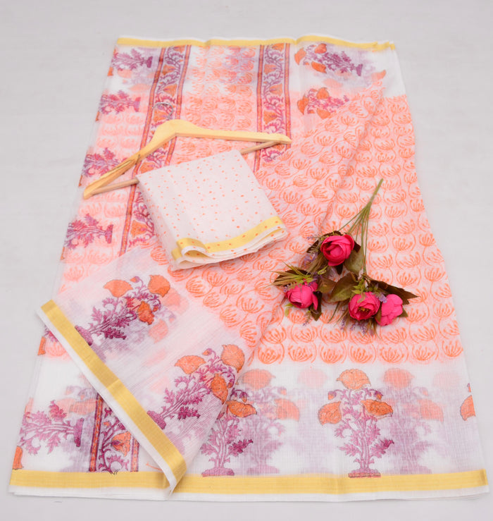Block Printed Pure Cotton Kota Saree - White & Peach Combination