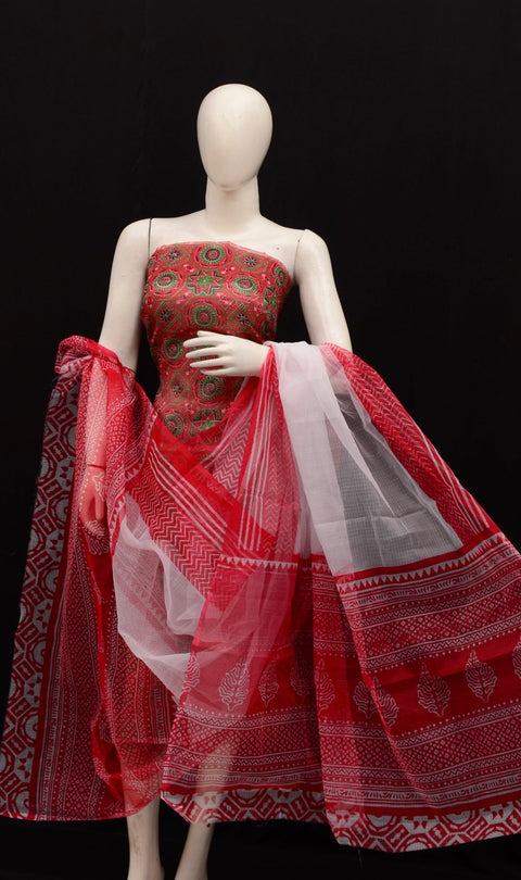 Kota Doria Printed Dress Material - Red and White Combination