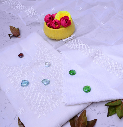 Kota Cotton Unstitched Suit With Embroidery Work - White Color