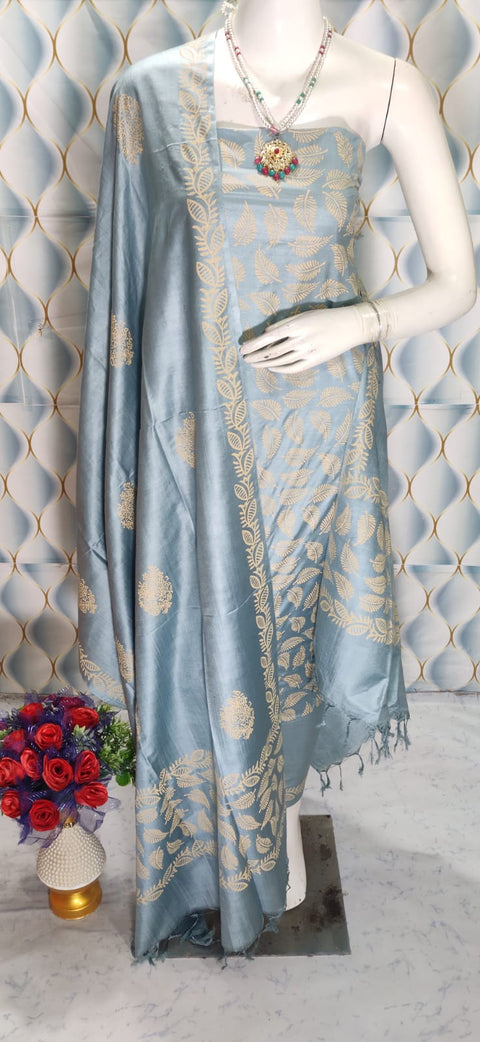 Printed Design Cotton Silk Dress Material - Bluish Grey