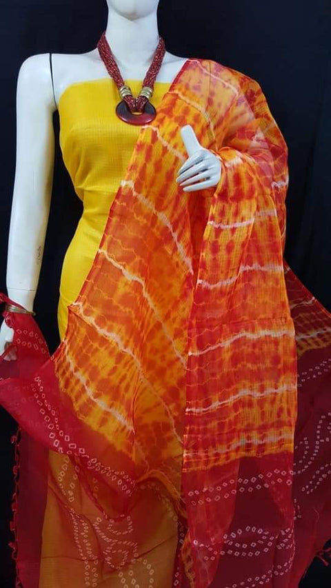 Pure Cotton Kota Doria Suit With Shibori Print Dupatta - Yellow and Red Combination