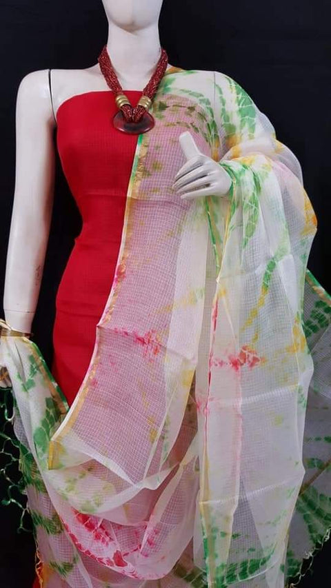 Pure Cotton Kota Doria Suit With Shibori Print Dupatta - Red & White Combination