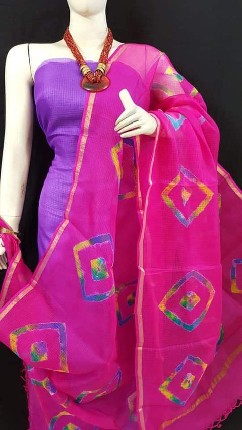 షిబోరి ప్రింట్ దుపట్టాతో కూడిన ప్యూర్ కాటన్ కోటా డోరియా సూట్ - పర్పుల్ మరియు పింక్ కాంబినేషన్
