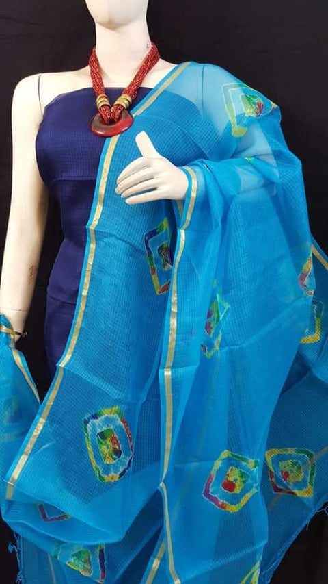 షిబోరి ప్రింట్ దుపట్టాతో కూడిన ప్యూర్ కాటన్ కోటా డోరియా సూట్ - నేవీ బ్లూ మరియు బ్లూ కాంబినేషన్