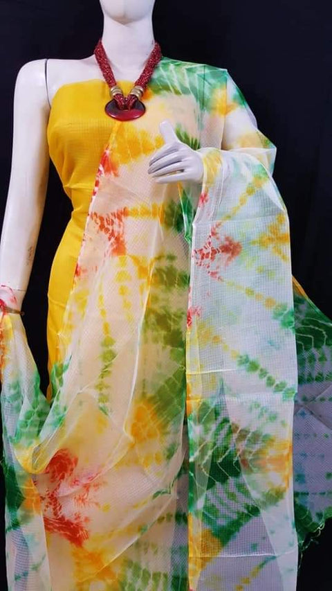 Pure Cotton Kota Doria Suit With Shibori Print Dupatta - Yellow And White Combination