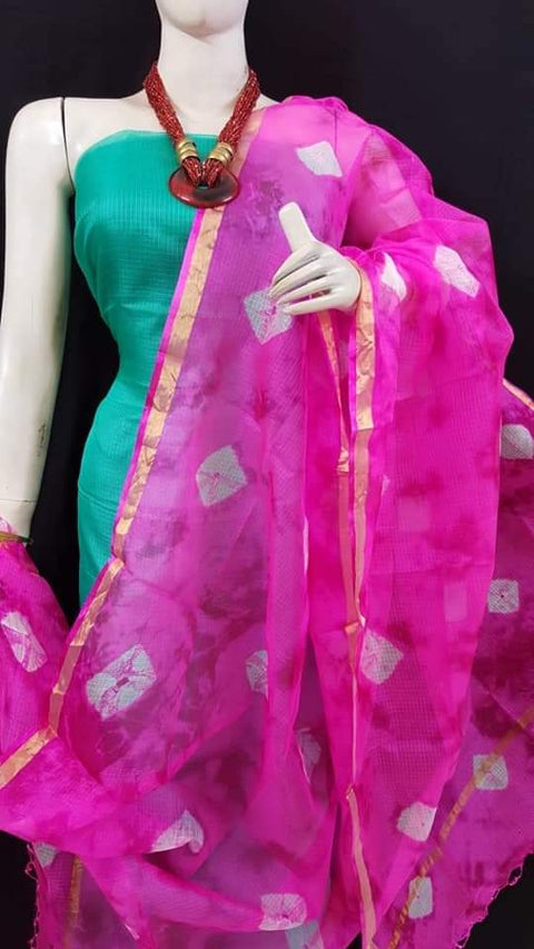 Pure Cotton Kota Doria Suit With Shibori Print Dupatta - Green and Pink Combination