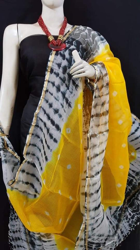 शुद्ध कॉटन कोटा डोरिया सूट शिबोरी प्रिंट दुपट्टा के साथ - काला और नारंगी संयोजन