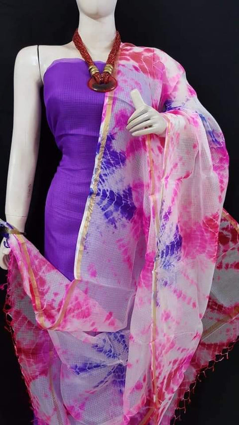 Pure Cotton Kota Doria Suit With Shibori Print Dupatta - Purple and White Combination