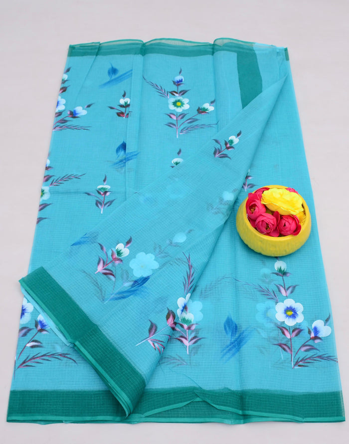 Pure Cotton Kota Hand Painted Saree - Sea Blue Color