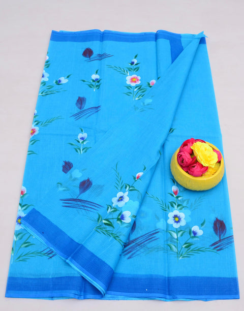 Pure Cotton Kota Hand Painted Saree - Blue Color
