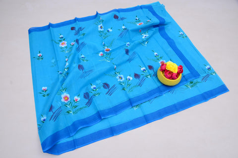 Pure Cotton Kota Hand Painted Saree - Blue Color