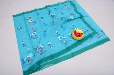 Pure Cotton Kota Hand Painted Saree - Sea Blue Color
