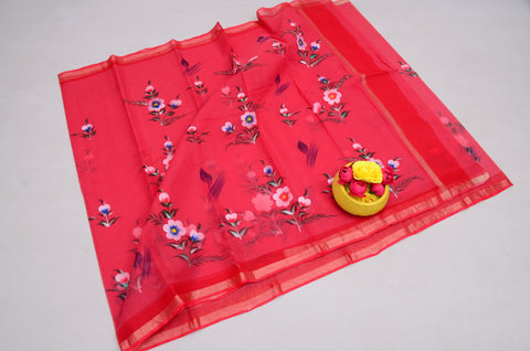 Pure Cotton Kota Hand Painted Saree - Red Color