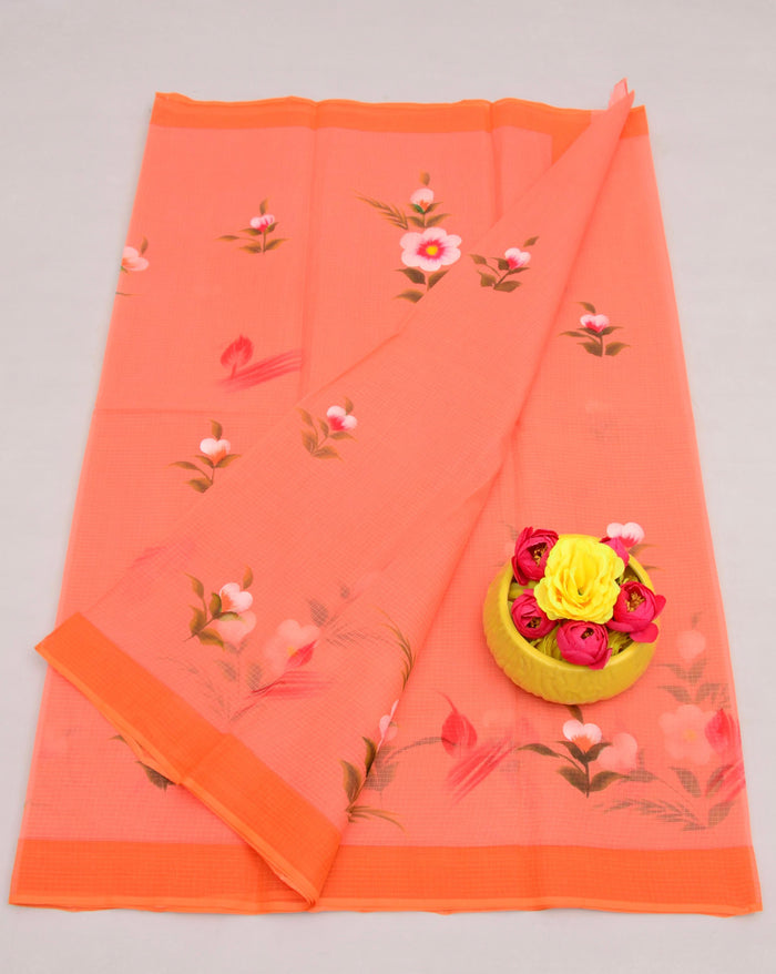 Pure Cotton Kota Hand Painted Saree - Peach Color