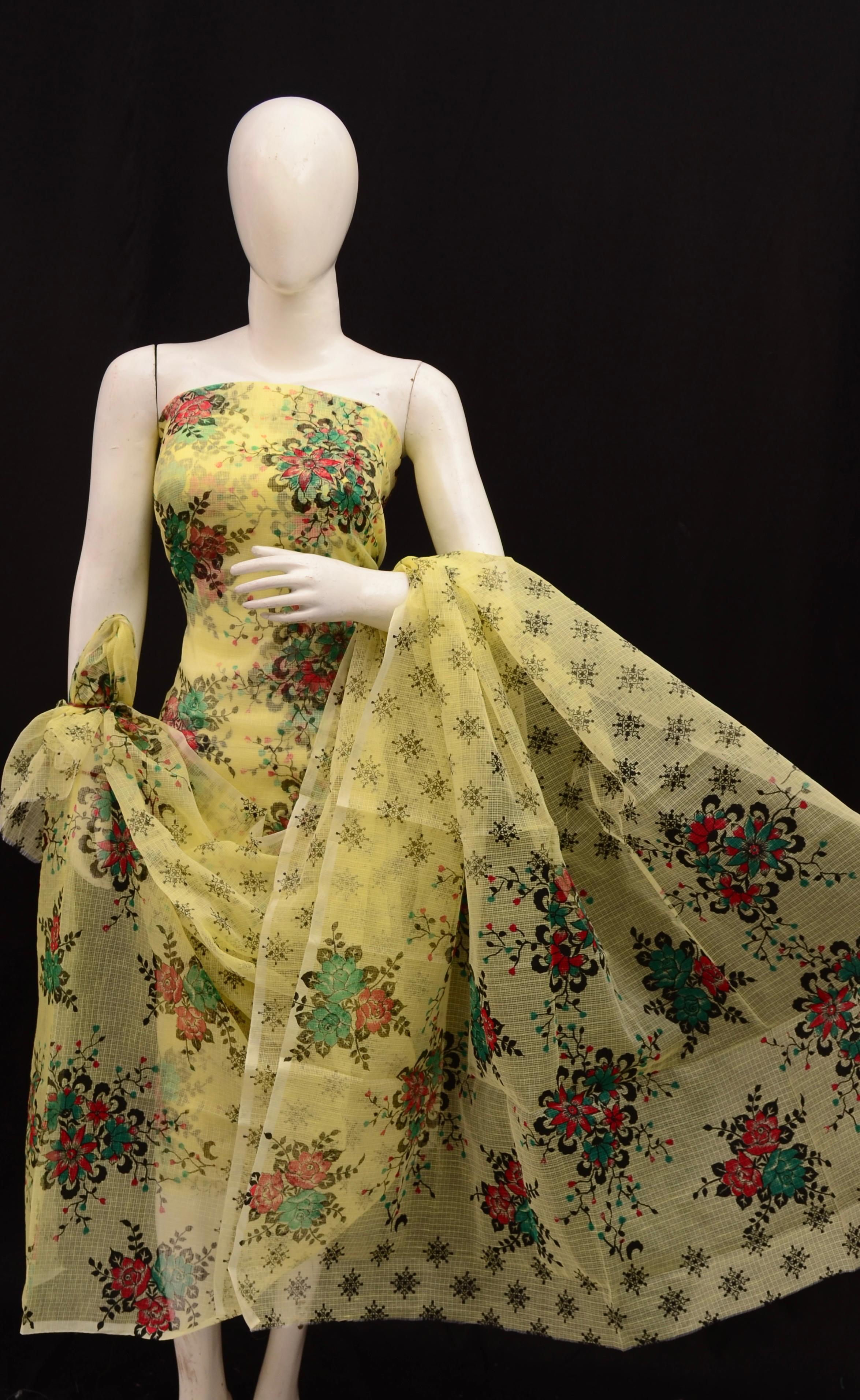 Kota Cotton Printed Dress Material - Yellow Color Trend In Need Kota Cotton Printed Dress Material - Yellow Color Trend In Need