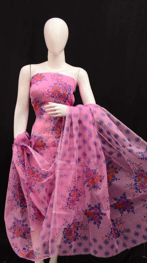 Kota Cotton Printed Dress Material - Pink Color