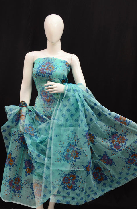 Kota Cotton Printed Dress Material - Sea Blue Color
