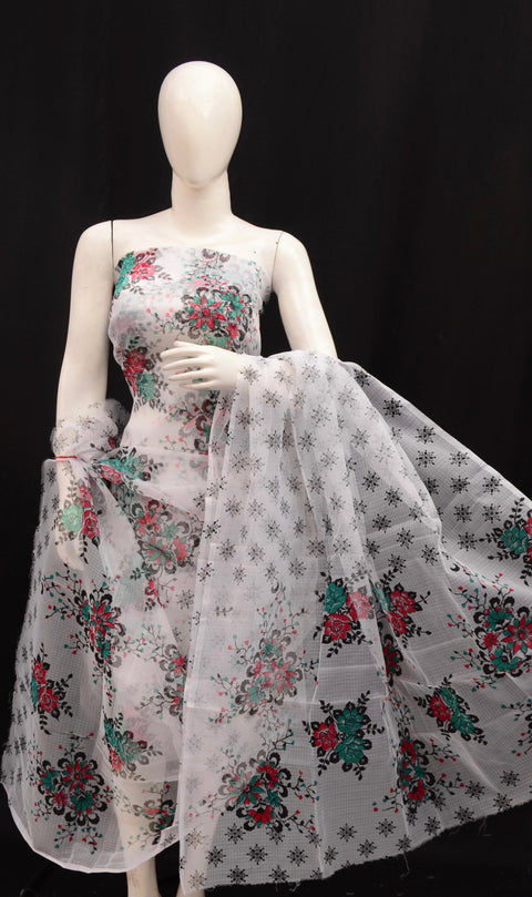 Kota Cotton Printed Dress Material - White Color