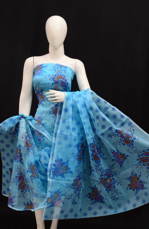 Kota Cotton Printed Dress Material - Blue Color